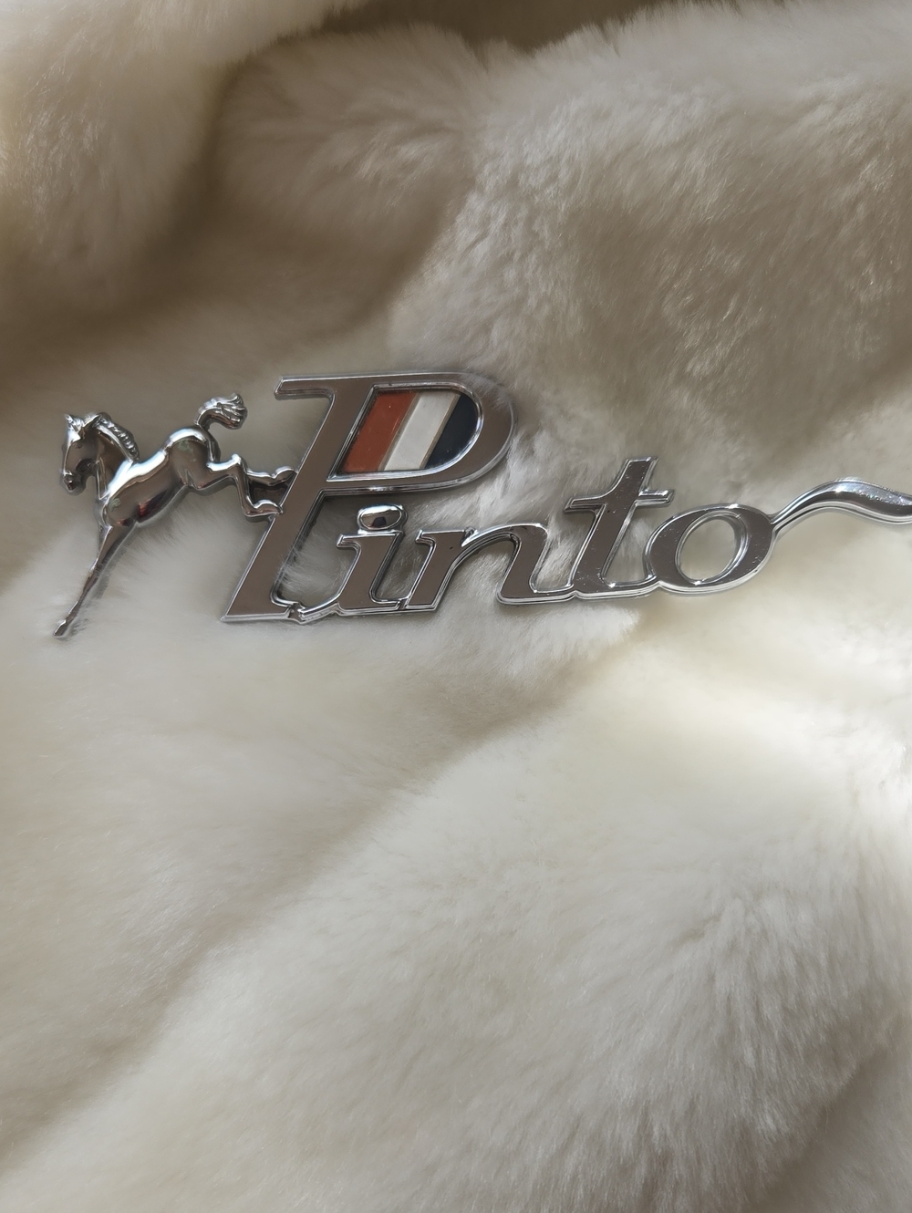 Ford Pinto Chrome Script Emblem with Red and Blue Accents